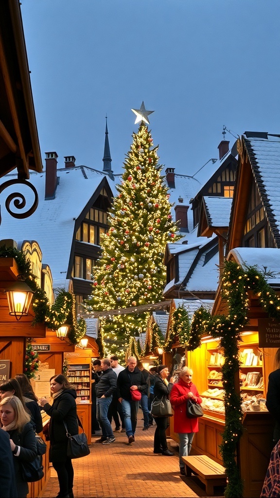 European Christmas Aesthetic A vibrant European Christmas market with stalls, lights, and a decorated Christmas tree.